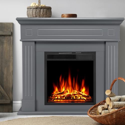 Havato 43'' Electric Fireplace with Mantel,Wooden Grey Fireplace Mantel